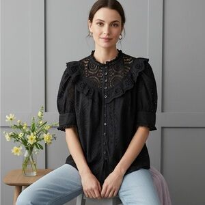 House of Harlow 1960 Black Eyelet Crochet Boho Peasant Cotton Blouse Sz Large